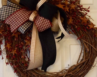 Burgundy Black and Beige Grapevine Wreath with Rusty Stars and Pip Berries; Primitive Rustic Country Door Decor Wreath Indoor Country Wreath