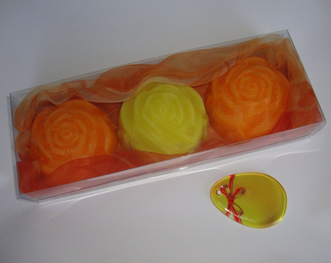 Yellow Orange Easter Gift Set, Luxury Floral Glycerin Scented Soaps, Handmade Glass Decorative Egg, Easter Party Decor, Easter Hostess Gift