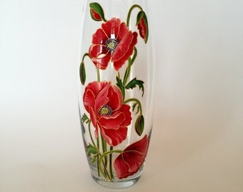 Anniversary Gift for Wife Hand Painted Vase Living Room Art Colorful Glass Home Decor Birthday Gift Idea Red Poppies Decor Decorative Vase
