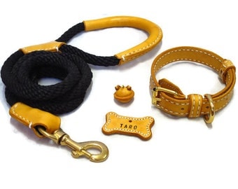 Rope Dog Leash, Solid Cord Rope leash 8mm with leather wrappping on hand grip, Strong (Made To Order)