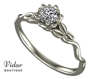 Flower Engagement Ring, Unique Ring, White Sapphire Engagement Ring, Leaf Ring, Lotus, Floral Engagement Ring, Swirl Ring In White Gold