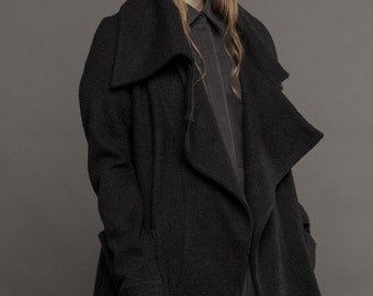 Wool coat / Assymmetric coat / Black asymmetric sweater / Black draped coat / Black draped sweater