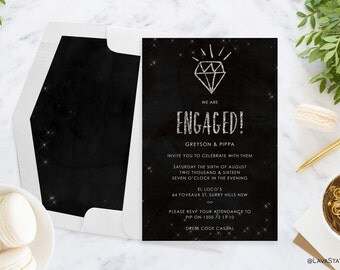 Greyson Suite : Printable Engagement Invitation, Silver Glitter, Custom, Digital Download, Wedding, Black & White, Lights, Sparkle