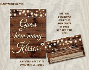How Many Kisses Game, Guess How Many Kisses, Rustic Shower Game, Rustic Baby Shower, Rustic Bridal Shower, Rustic Guess how many Kisses Game