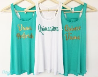Quinceanera Party Shirts,Quince, 15, Quinces, Front Text Only Completely customized, RacerbackNeck Listing