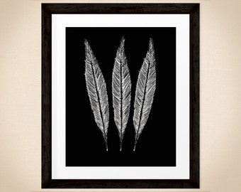 3 Bird Feathers, hand drawn nature print in black and white, wildlife art for INSTANT DOWNLOAD