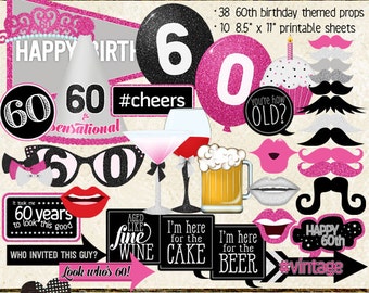 Photo Booth Props, HAPPY 60TH BIRTHDAY, printable sheets, instant download, hot pink, black, silver, party idea
