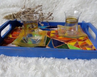 Kitchen décor Wooden serving tray with mosaic imitation Housewarming gift Coffee table tray Gift for women Table décor Blue décor