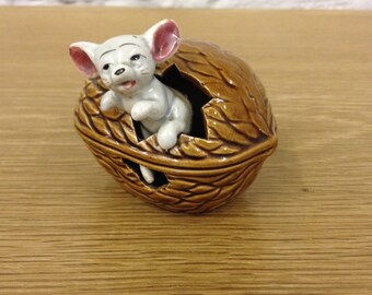 Vintage Beckwood Ceramic Mouse Coming Out of a Walnut. Very unusual 1930's Ornament.