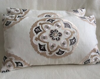 Embroidered Linen Designer Lumbar Pillow Covers - Medallion Pattern - Off White/ Beige/ Gray - 2pc Set - 12x20 Covers