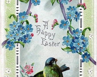 A Happy Easter - Beautiful antique card showing little blue birds and forget me not flowers, embossed - date on back 1913 - Vintage Postcard