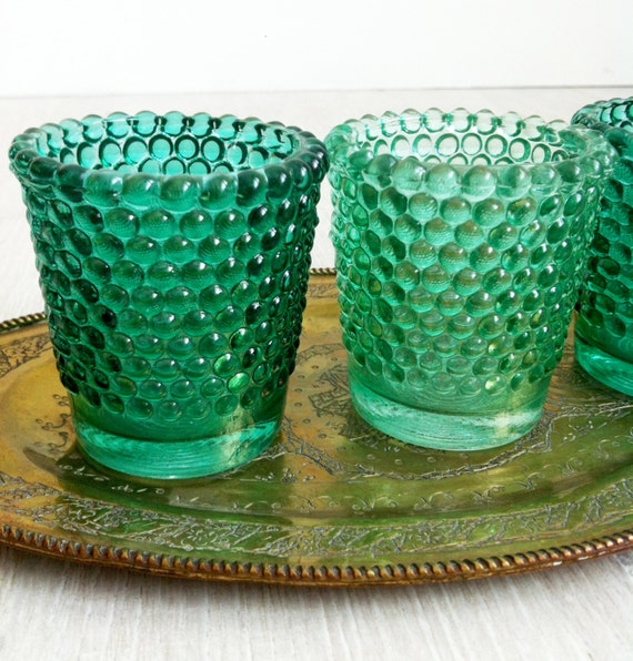 Three Vintage Green Glass Hobnail Glass Votive Candle