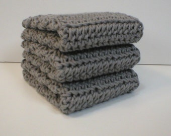 Handmade Crochet Cotton Dishcloths or Washcloths, Set of 3: Medium Silver Grey (Dishcloths2129)