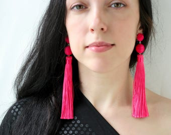 Tassel earrings Extra long earrings Fuchsia earrings Bon bon earrings Hot pink tassel clip on earrings Statement ball lightweight earrings