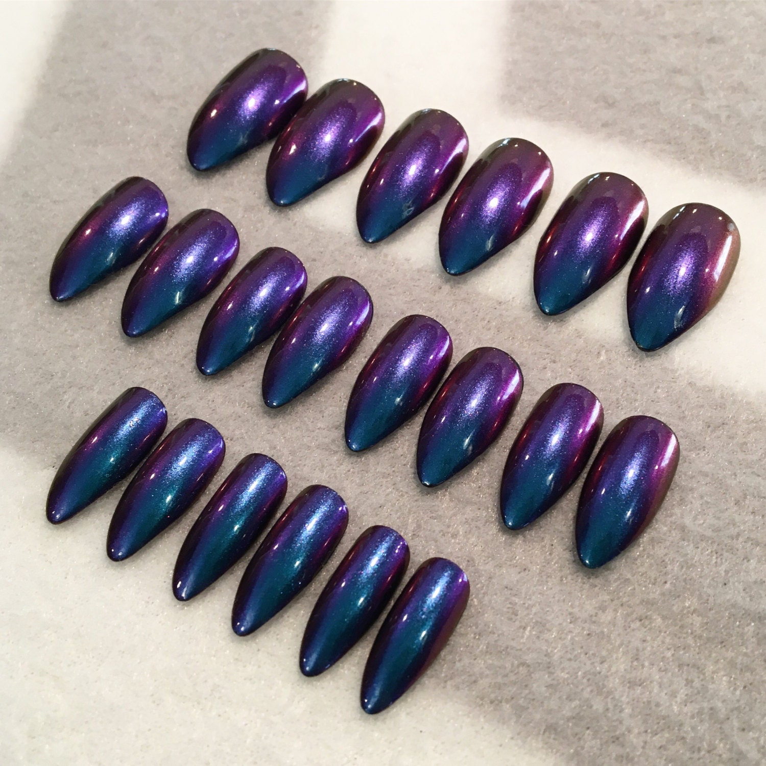 Purple-Blue Duo Chrome Fake Nails Faux Nails Glue On Nails