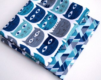 Blue and Grey Quilt Fabric Fat Quarters with Fun Cats - Modern Cotton Fabric in Kittens with Glasses and Tiaras
