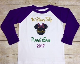 Disney Mardi Gras Shirt/Ruffle Reglan/My First Disney Trip/Disney Mouse/Purple Green and Gold