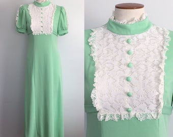 1960s green maxi dress / 60s maxi / lace bib dress / vintage maxi dress / green maxi dress