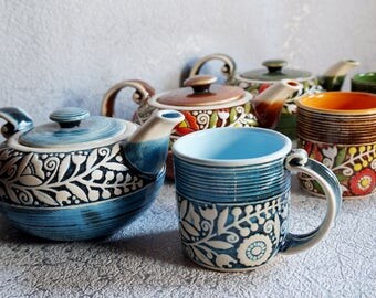 Teapot and large mug Ceramic tea set Gift for women Housewarming gift Anniversary gifts Ceramic set Cottage home decor Rustic kitchen decor