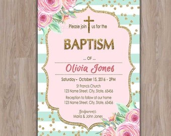 baptism invitation girl printable, girl baptism invitation, baptism invites, baptism girl invitations, pink mint and gold baptism printable