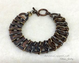 Chain Maille Bracelet, Vertebrae Weave Bracelet, Tri-Color Bracelet, Mother'sDay Gifts, Copper Bracelet, ArizonaCopperCraft, FREE SHIPPING