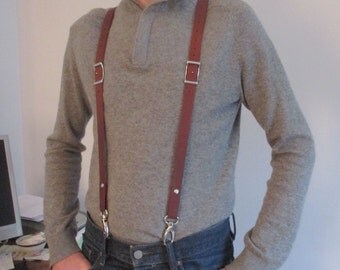 SLIM men suspenders full calfskin leather "snap hooks type"