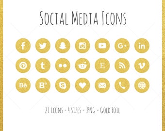 Social Media Icons - 21 icons in 4 sizes, gold foil, PNG files, flat style, gold glitter