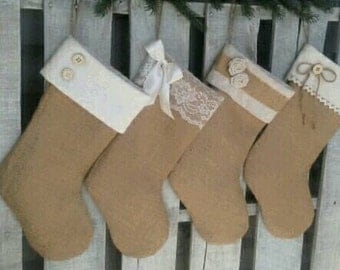 Single (1) Burlap and Ivory Christmas Stockings- the Joyful Collection, Personalized Stocking