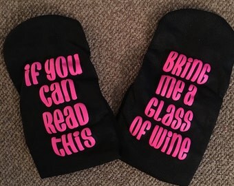 Womens Ankle Socks- Black womens bring me wine socks with hot pink lettering