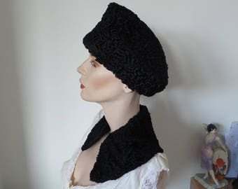 Harrods Black Persian Lamb Fur Hat and collar set 1940s