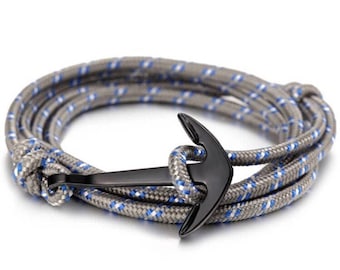 Grey / blue stripes rope and Black anchor bracelet, gift , mens bracelet, womens bracelet, unisex jewelry