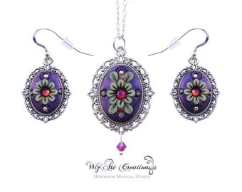 Handmade Jewelry Set /w Color-Changing Swarovski Crystals, Glow in the Dark Jewelry, Luminescent Polymer Clay Jewelry, Clay Embroidery