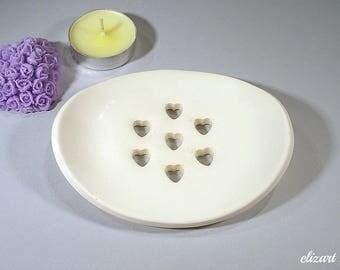 White soap dish, ceramic soap dish, soap holder, soap drainer, clay soap dish, pottery soap dish, soap tray, bathroom accessories.