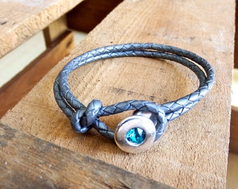 leather bracelet with Swarovski crystal, grey braided leather bracelet with silver clasp