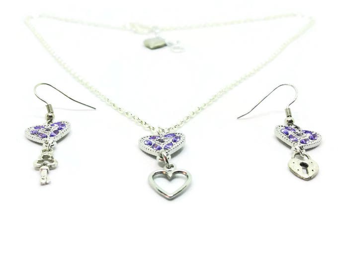 Purple Crystal Heart Necklace and Earring Set, Purple Heart Necklace, Unique Birthday Gift, Love Necklace, Heart Earrings