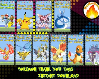 INSTANT DOWNLOAD-Pokemon Inspired-Pokemon Thank you tags - Pokemony Supplies- Pokemon Birthday- Pokemon stickers