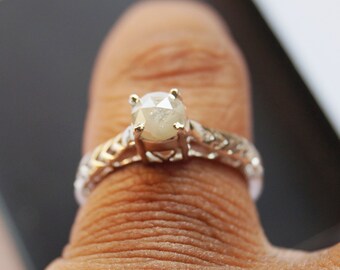 White Diamond ring, White Rose cut diamond ring, White rough diamond ring, White Raw Rose diamond ring - 5.0mm Diamond, 925 silver ring