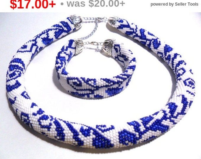 Gzhel style jewelry russian ethnic ornament white blue jewelry set gift for her flower folk rope unusual gift fairy floral gentle crochet