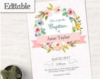 INSTANT DOWNLOAD, Editable LDS Baptism Invitation Girl, Girl Invitation pink watercolor, Baptism Invite, No Photo Needed