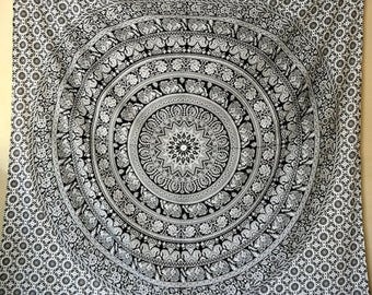 Black & white mandala tapestry, boho decor, boho bedroom, wall hanging, 100% cotton
