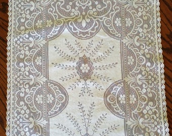 ANTIQUE VANITY SCARF Crocheted Vintage Lace Table Runner Filet Lace Antique Linens Dresser Scarf Shabby & Chic Victorian Decor