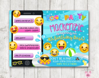 Printable Emoji Pool Party Party Invitation, Swim Party Emoji invitations, Emoji Birthday Invitation, Emoji Swimming Birthday Invitations