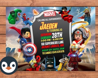 Superhero Lego Invitation. Superhero Birthday Party. Lego Birthday Party. Party Supplies. Baby Shower.