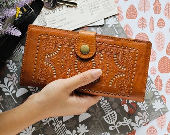 KATE Women Wallet Carved Wallet Women's Genuine Leather Wallet Card Brown GIFT Handmade Light Brown
