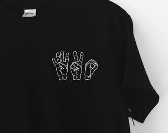 Items similar to PEACE LOVE ROCK - Sign Language - Pink or Black Tee ...