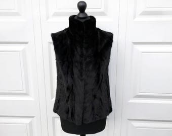 Mink Fur Vest - Fur Gilet - Real Black Mink Fur in Chevron Pattern with Funnel Neck and Pockets - Sleeveless Fur Coat