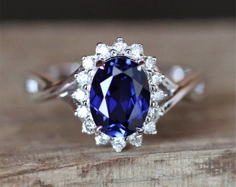 Lab Created Sapphire Engagement Ring VS 7MM Cushion Cut Blue