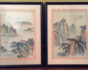 ON SALE: Vintage Asian Landscape Paintings on Silkscreen - Framed and Signed