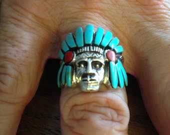 Sterling Silver Native American Turquoise and Coral Ring