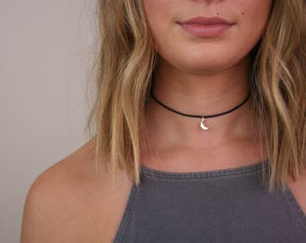 Moon Choker-Charm Choker, Black Choker, Moon Charm Choker, Black Moon Choker, Silver Moon, Silver Moon Choker (A24)